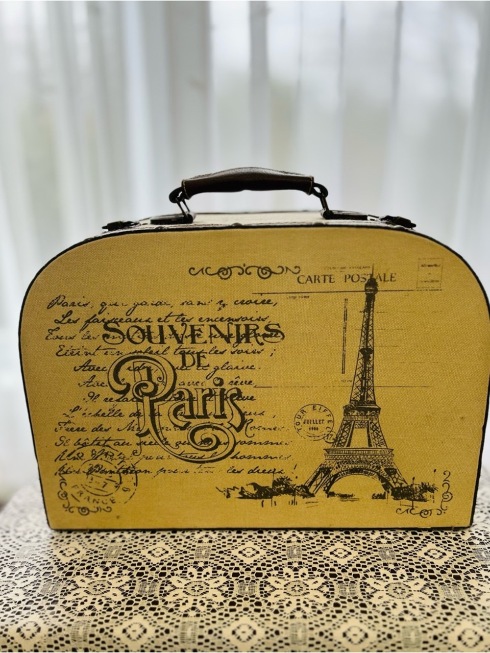 Vintage Paris Eiffel Tower Canvas Hat Box - Distressed Shabby Chic 15”X 10”x 6”